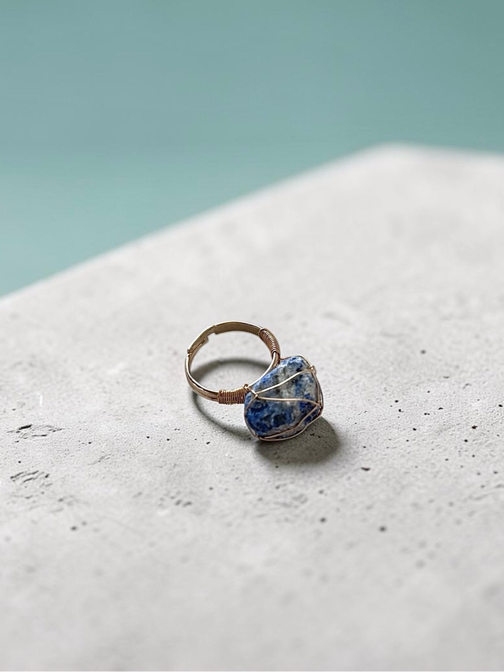 LAPIS LAZULI raw cut wire wrapped natural stone adjustable gold tone ring NEW